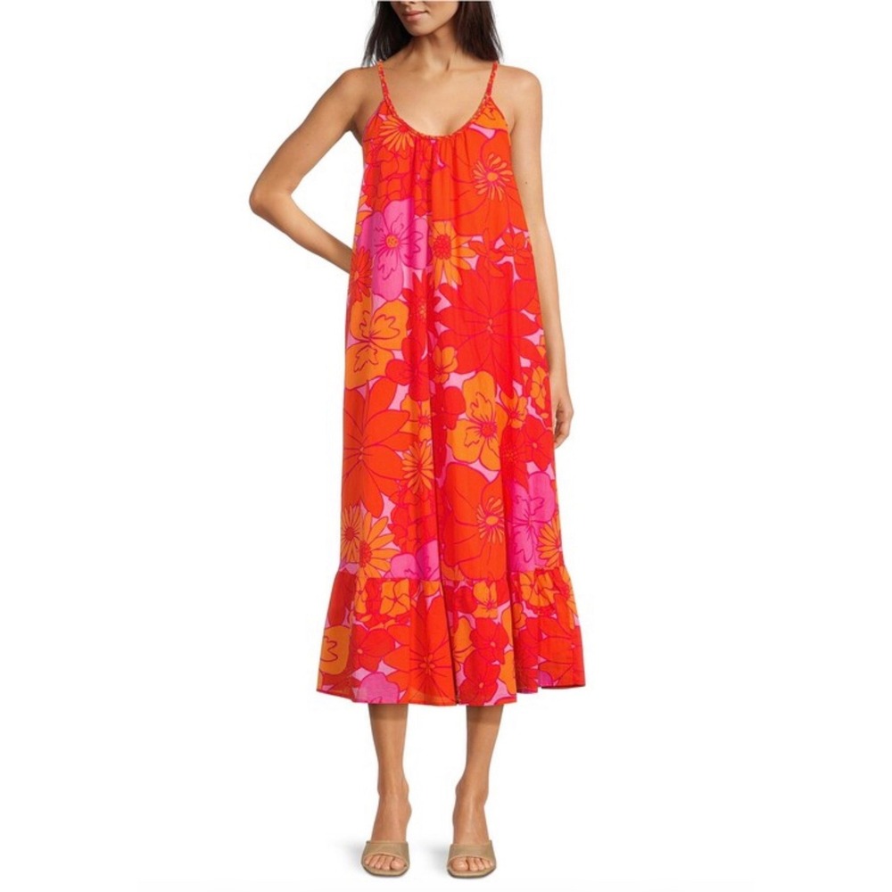 NWT J. Marie Lizzie Braid Strap Midi Dress Orange Pink Floral Cotton Size XL
